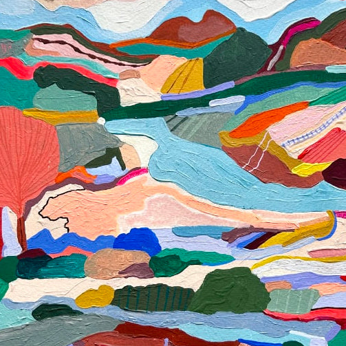 A colorful abstract landscape with a river and mountains