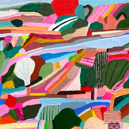a colorful abstract nature landscape with trees and a river