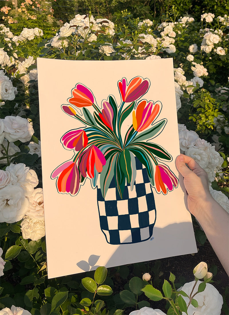 Tulips in blue checks