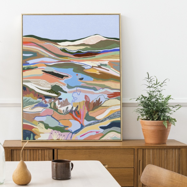 colorful seascape with mountains and mediterranean plants