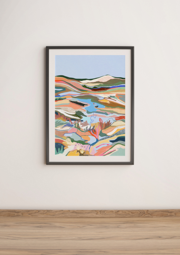 a colorful seascape with mountains and mediterranean plants