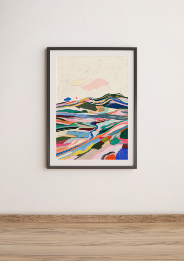 A colorful mountain scenery with a pale sky and abstract shapes