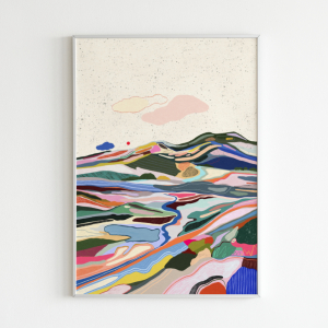 A colorful mountain scenery with a pale sky and abstract shapes