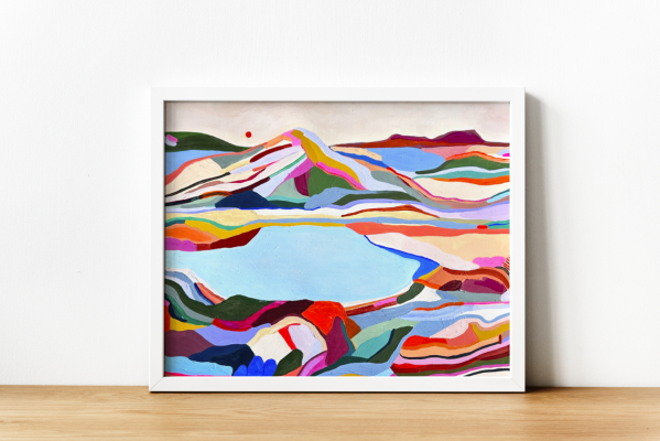 A colorful mountain landscape with a lake by Marina Ester Castaldo