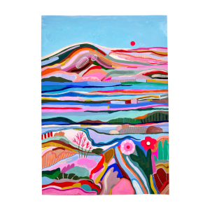 A colorful abstract mountain landscape with a blue sky and pink flowers