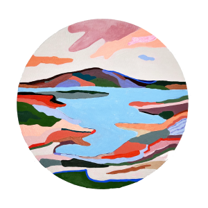 a round canvas with a painting of a lake an mountains in the distance