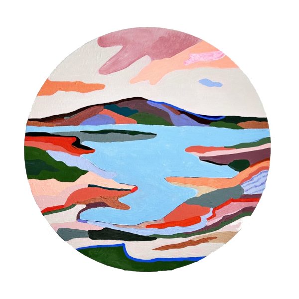 a round canvas with a painting of a lake an mountains in the distance