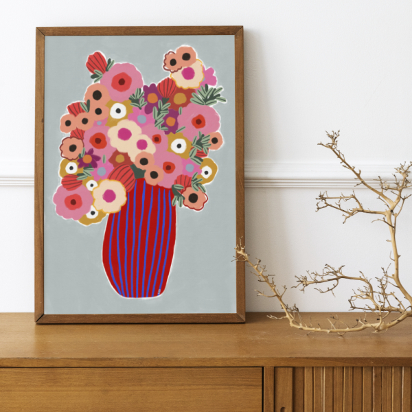 A lovely bouquet of flowers in tones of pink, red and purple with accent of yellow and light blue. A bold dark red and ultramarine striped vase. Inspired by fresh cut flowers from my garden in these first days of summer. A bold addition to any wall or room.  Available in multiple sizes: inches or cm.