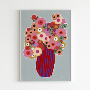 A lovely bouquet of flowers in tones of pink, red and purple with accent of yellow and light blue. A bold dark red and ultramarine striped vase. Inspired by fresh cut flowers from my garden in these first days of summer. A bold addition to any wall or room.  Available in multiple sizes: inches or cm.