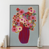 A lovely bouquet of flowers in tones of pink, red and purple with accent of yellow and light blue. A bold dark red and ultramarine striped vase. Inspired by fresh cut flowers from my garden in these first days of summer. A bold addition to any wall or room.  Available in multiple sizes: inches or cm.