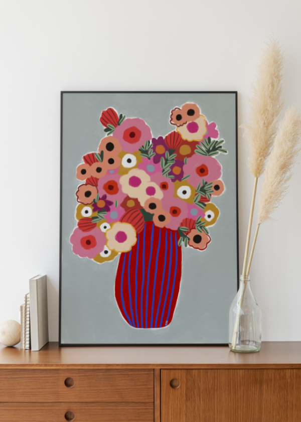 A lovely bouquet of flowers in tones of pink, red and purple with accent of yellow and light blue. A bold dark red and ultramarine striped vase. Inspired by fresh cut flowers from my garden in these first days of summer. A bold addition to any wall or room.  Available in multiple sizes: inches or cm.