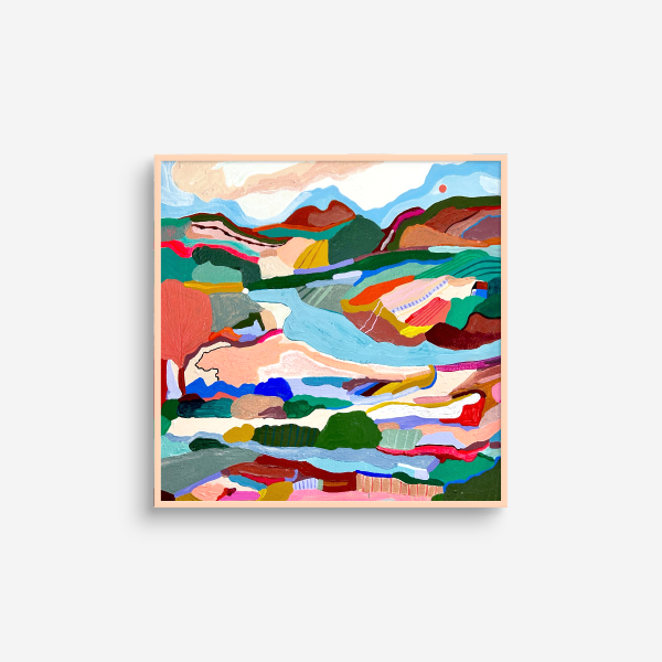 A colorful abstract landscape painting by Marina Ester Castaldo