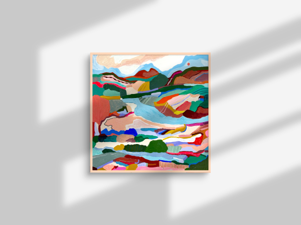 A colorful abstract landscape painting by Marina Ester Castaldo