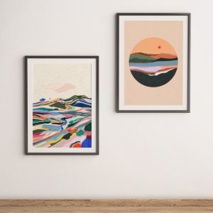 A set of two poster one with a mountain scenery and the other one with a landscape drawn into a circle