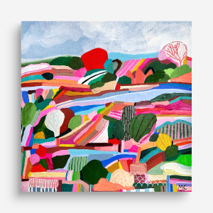 A colorful abstract landscape painting by Marina Ester Castaldo