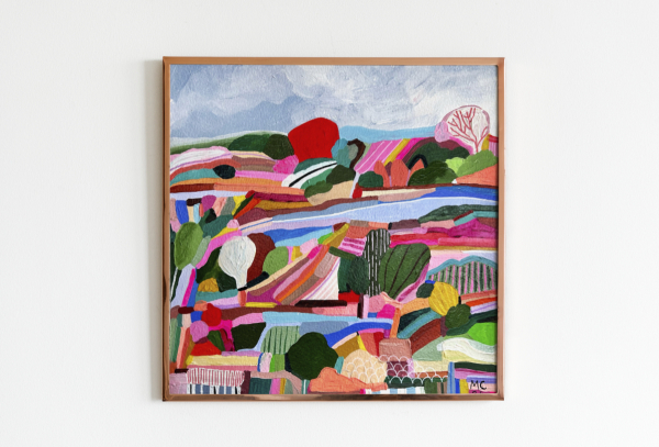 A colorful abstract landscape painting by Marina Ester Castaldo